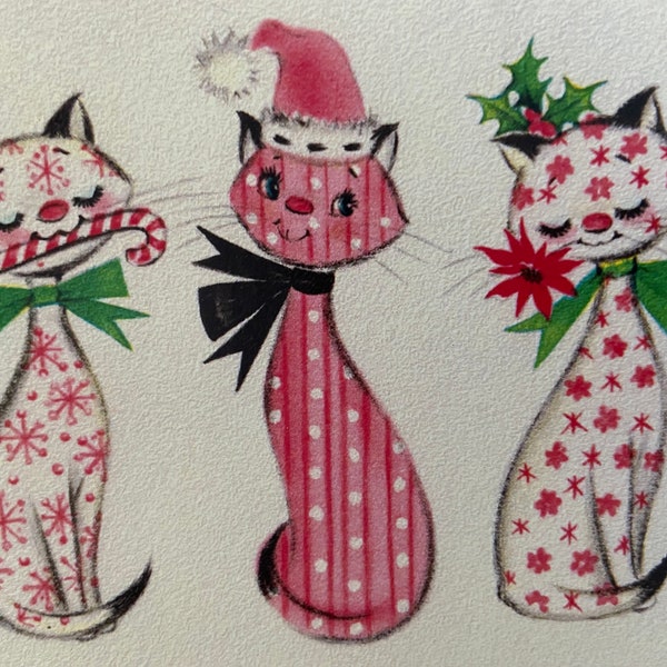 Retro Pink Cats Christmas Card, Seasons Greetings, Merry Christmas, Happy Holidays, Vintage, Mid Century, 50s, 60s, Sister, Friend, Mother