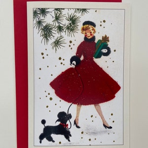 Carte de Noël Rétro Femme et caniche, hiver, Joyeuses fêtes, années 50, professeur, Vintage, chapeau calotte, soeur, amie, mère, féminine
