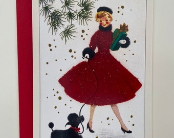Vintage Christmas Card, Holiday Card, Retro Christmas Card, Winter Card, Fifties card, Woman Christmas Card, Vintage Poodle card, Gift Card