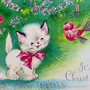 Carte de Noël Chat blanc et oiseau rose, Image Vintage, Retro, Joyeuses Fêtes, Famille, Professeur, Soeur, Enseignante, Enfant, Sapin