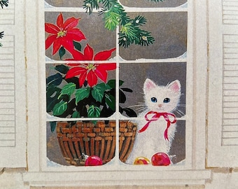 Retro White Cat Christmas Card, Seasons Greetings, Merry Christmas, Happy Holidays, Vintage, Mid Century, 50s, 60s, Sister, Friend, Mother