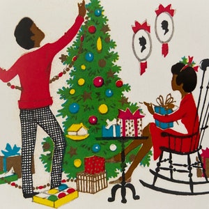 Carte de Noël Couple noir rétro décorant le sapin, Vintage, fêtes, années 50, 60, sœur, mère, amie, féminine, mari, afro-américain