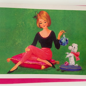 Carte de Noël Rétro Femme et caniche, Ornement Vintage, Joyeuses fêtes, années 50, 60, professeur, sœur, mère, amie, féminine, Joyeux Noël
