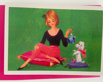 Retro Christmas Woman with Poodle card, Vintage Ornement, Teacher, Mother, Sister, BFF, Happy Holidays, 50S, 60S Fashion, Mod, Greetings