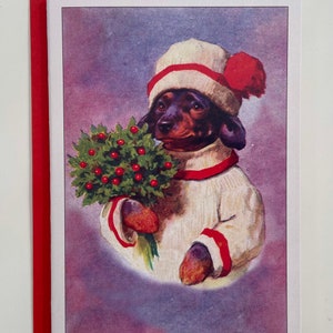Carte Teckel au bouquet de houx, Fêtes, Noël, Hiver, Retro, chien saucisse, humanisé, amie, mère, soeur, professeur, enseignante, tricot