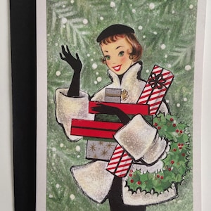 Carte de Noël Femme Rétro et cadeaux, Image Vintage, châtaine, brunette, Joyeuses fêtes, années 50,  professeur, féminine, mode, béret