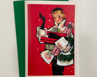 Vintage Christmas Card, Woman Holding Gifts, Holiday, Retro, Winter, Fifties, Fashion, Gift Card, Blond Girl, Feminine