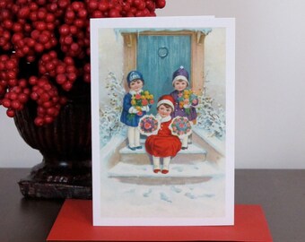 Three Little Girls with Flowers Card, Holiday Card, Christmas Card, Children, Vintage Image, Winter Card, Birthday Card, Children Card
