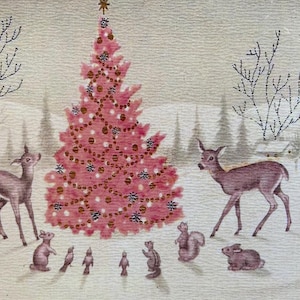 Carte vintage Animaux de la forêt sapin rose, Noël, Hiver, Professeur, Maman, Soeur, Amie, Nature, Écureuils, lapins, faons, biches, rétro