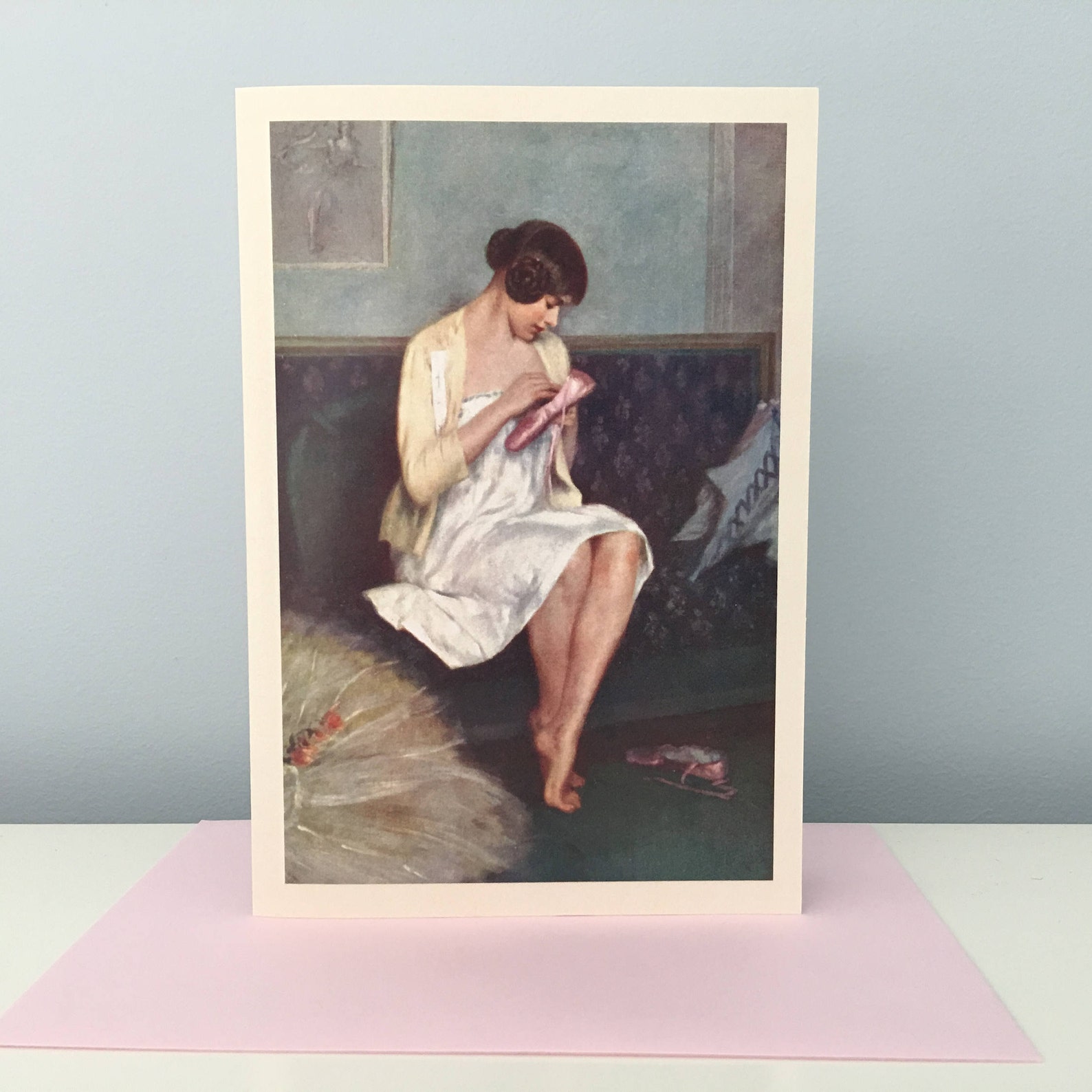 vintage ballerina mending her shoe card, ballet card, ballerina greeting card, mother's day card, carrier-belleuse card, dan