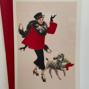 Carte de Noël Rétro Femme col de fourrure et caniche, Vintage, hiver, fêtes, années 50, Cadeau professeur, sœur, mère, amie, mode, étole