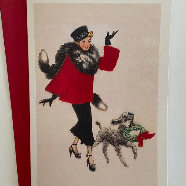 Fashion Lady Wearing Fur Stole with poodle Retro Christmas Card, Merry, Happy Holidays, Mod, Woman, 60S, BFF, Sister, Girlfriend, Mother