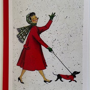 Carte de Noël Femme rétro et Teckel, Vintage, hiver, Joyeuses fêtes, années 50, 60, professeur, sœur, mère, amie, mode, BFF, Mid Century