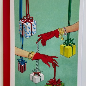 Carte de Noël Mains gantées et cadeaux, Vintage, fêtes, années 50, 60, sœur, mère, amie, mode, BFF, Mid Century, Féminine, Rétro