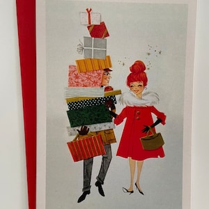 Carte de Noël Rétro Couple femme rousse souriante, Vintage, fêtes, années 50, 60, Cadeau professeur, sœur, mère, amie, féminine, mari