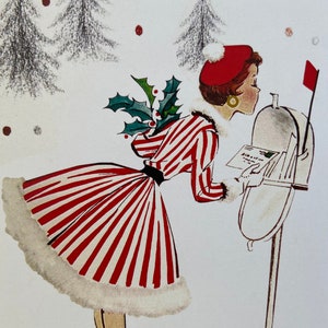 Carte de Noël Femme rétro au béret rouge, vintage, féminine, Joyeux, Joyeuses fêtes, années 50, soeur, amie, mère, mode, Boîte aux lettres