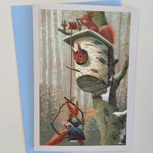 Vintage Squirrel at Home Card, Christmas, Holiday, Winter, Forest, Parents, Mother, Father, Greeting, Professor, Thank you, Happy birthday