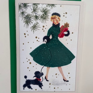 Carte de Noël Rétro Femme robe verte et caniche, Vintage, Joyeuses fêtes, années 50, Cadeau professeur, sœur, mère, amie, chapeau calotte
