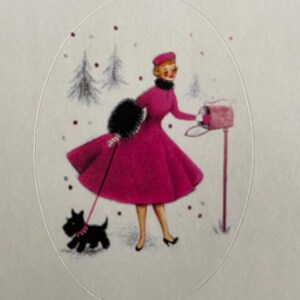 Collants de Noël Rétro, Étiquette Vintage, Fêtes, Hiver, professeur, agenda, calendrier, planner, Femme robe rose, scottish terrier, scotty