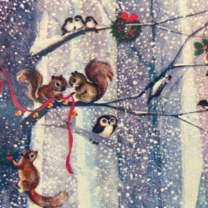 Carte vintage Animaux de la forêt, Noël, Hiver, souhaits, Professeur, Maman, Soeur, Amie, Nature, Merci, Écureuils, Raton laveur, rétro