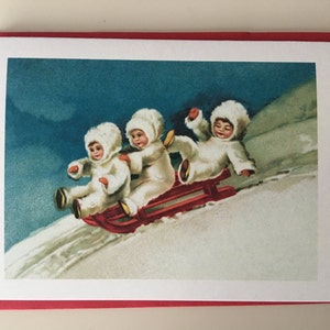 Mini carte de Noël Enfants et luge, Carte des Fêtes, Carte Vintage, Image Vintage, Carte Retro, Carte Hiver, Porte carte cadeau, Carte Bébé