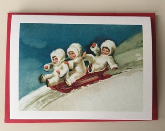 Babies on Sleigh Mini Card, Holiday Card, Gift Card Holder, Vintage Card, Retro Card, Children Card, Teacher Card, Child Card, Girl Card