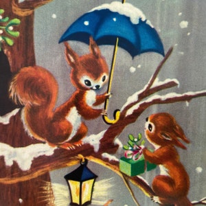 Carte vintage Écureuils, Carte Noël, Carte Hiver, Carte de souhaits, Carte Fête, Carte Professeur, Carte Maman, Carte Soeur, Amie,Merci