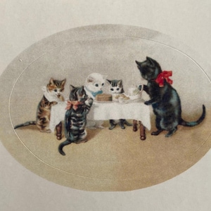 Vintage Cats Having Tea Stickers, Birthday, Teacher, Diary, Family, Calendar, Children, Tea Time, gift tag, seal, sister, mother