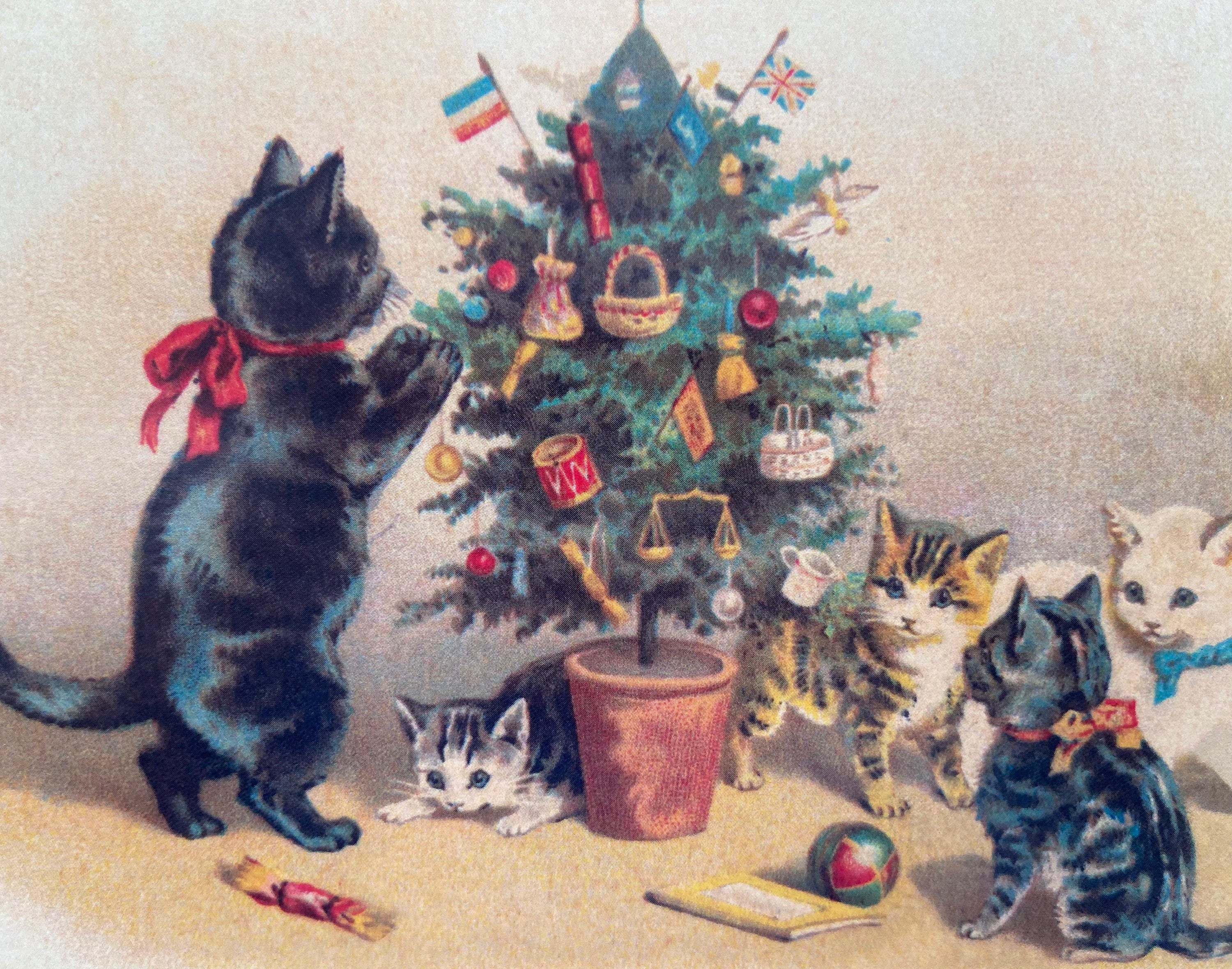 Vintage Cats Around Christmas Tree Card, Greeting Card, Holiday