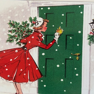 Carte de Noël Rétro Femme frappant à la porte, image vintage, hiver, Joyeuses fêtes, années 50, professeur, soeur, amie, mère