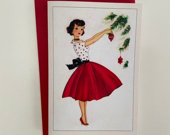 Vintage Christmas Card, Woman trimming tree, Holiday, Retro, Winter, Fifties, Gift, Red Skirt, Pin up, Feminine, Sexy, Wife, Sister