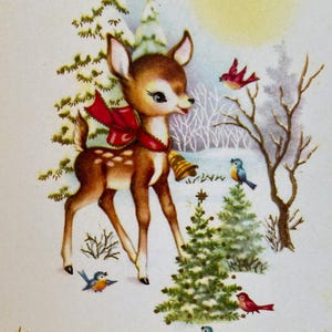 Carte de Noël Faon à la clochette, Joyeuses Fêtes, Renne, Vintage, Retro, Rudolph, Biche, Chevreuil, Famille, Joyeux Noël, Enfant, Amie