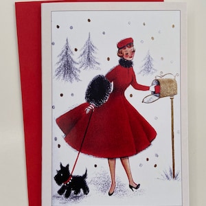 Carte de Noël Rétro Femme robe rouge chien et boîte aux lettres, image vintage, hiver, fêtes, années 50, Cadeau professeur, Scottish terrier