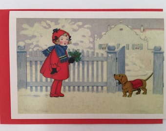 Little Girl in Red with dog Card, Holiday Card, Greeting Card, Vintage Card, Retro Card, Dachshund Card, Teacher Card, Thank You Card