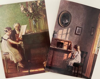 ONE CARD, Girl knitting, Alfred Broge, Greeting Card, Vintage, Retro, Fine Art, Happy Birthday, Piano lesson, Harpsichord, Muenier