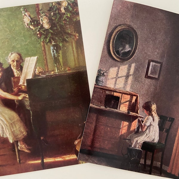 ONE CARD, Girl knitting, Alfred Broge, Greeting Card, Vintage, Retro, Fine Art, Happy Birthday, Piano lesson, Harpsichord, Muenier