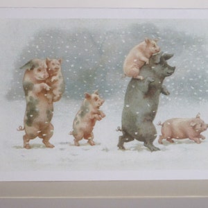 Carte vintage Cochons sous la neige, Image Vintage, Image Retro, Carte cochons, Carte hiver, Carte fête, Carte vintage