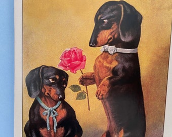 Vintage Dachshund Couple Card, Love, Greeting, Lovers, Anniversary, Wedding, Marriage, Wiener Dog, LGBTQ+, Gay, Humanized, Valentine, Roses