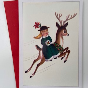 Carte de Noël Rétro Fillette sur renne, Image Vintage, hiver, fêtes, années 50, Cadeau professeur, Fille, Enfant, Joyeux Noël