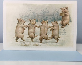 Vintage Dancing Pigs Card, Holiday Card, Birthday Card, Winter Card, Vintage, Retro, Vintage Card, Retro Card, Pig Card, Dance Card