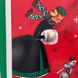 Carte de Noël Rétro Femme robe noire et caniche, Vintage, hiver, Joyeuses fêtes, années 50, professeur, sœur, mère, amie, manchon, écossais