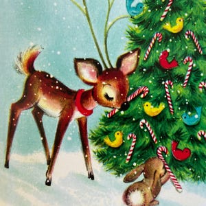Carte de Noël Faon et lapin, Joyeuses Fêtes, Renne, Vintage, Retro, Rudolph, Biche, Famille, Joyeux Noël, Enfant, Amie, sapin, canne