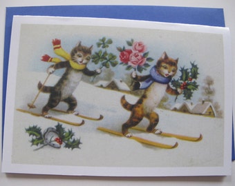 Vintage Skiing Cats Card, Greeting Card, Christmas Card, Holiday Card, Vintage Image, Retro Card