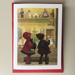Mini carte de Noël Enfants devant vitrine de jouets, Carte des Fêtes, Carte Vintage, Image Vintage, Carte Retro, Carte Hiver, Carte Enfants