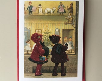 Children in front of Toy Store Mini Card, Holiday Card, Vintage Card, Retro Card, Children Card, Teacher Card, Child Card, mother Card