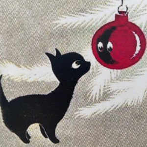 Carte de Noël Chat noir Rétro regardant boule, Joyeux Noël, Joyeuses Fêtes, Vintage, Mère, Soeur, Amie, Meilleurs Voeux, Années 50, 60, Mid