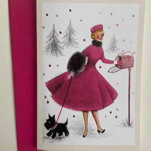 Vintage Christmas Card, Holiday , Retro Christmas , Winter , Fifties , Woman , Scottish Terrier, Gift, Mailbox, Fashion Dress, scottie