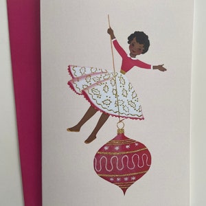 Carte vintage Fillette sur décoration, ornement, Rétro, joyeux Noël, enfant, joyeuses fêtes, Noire, Afro-américaine, fille, boule, mère