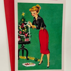Carte de Noël Rétro, Image Vintage, Carte Femme et sapin, fêtes, années 50, Cadeau professeur, féminine, jupe crayon, soeur, amie, mère