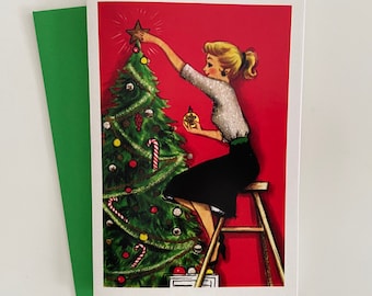 Vintage Christmas Card, Woman trimming tree, Holiday, Retro Style, Winter, Fifties, Ponytail, Gift Card, Deck the Halls, Fashion